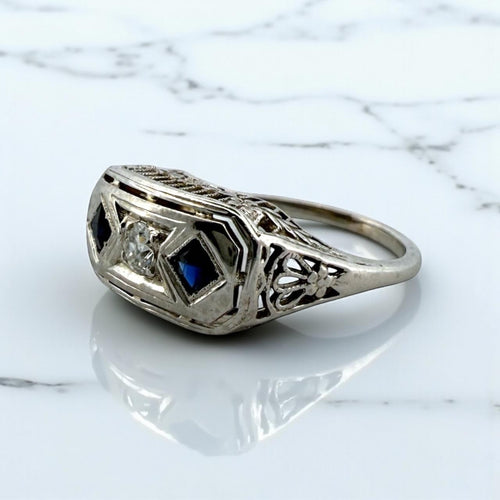 Vintage Art Deco Sapphire & Diamond Filigree Cocktail Ring Belais & Co