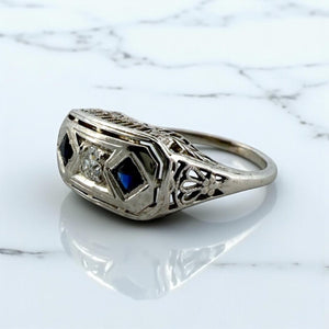 Vintage Art Deco Sapphire & Diamond Filigree Cocktail Ring Belais & Co