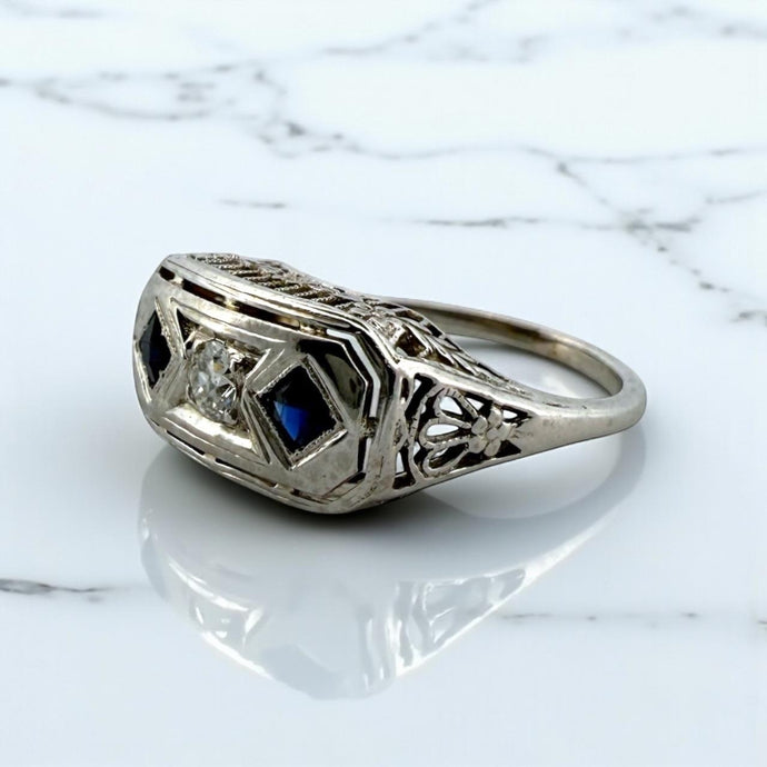 Vintage Art Deco Sapphire & Diamond Filigree Cocktail Ring Belais & Co