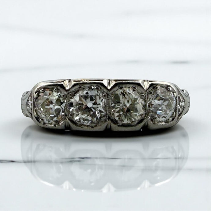 Vintage 1CTW Old Mine Cut Diamond Four Stone Band Style Ring