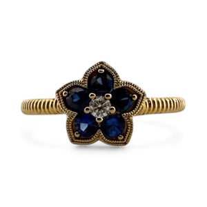 Contemporary Estate Flower Shaped Sapphire & Diamond Dainty Ring 14K Yellow Gold