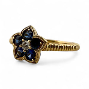Contemporary Estate Flower Shaped Sapphire & Diamond Dainty Ring 14K Yellow Gold