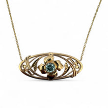Vintage Edwardian Era Blue Zircon Brooch Conversion Necklace 14K Yellow Gold