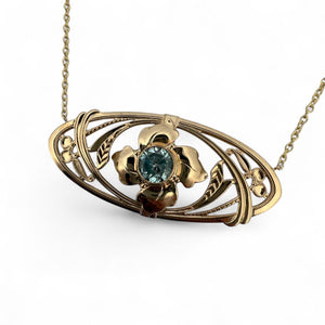 Vintage Edwardian Era Blue Zircon Brooch Conversion Necklace 14K Yellow Gold