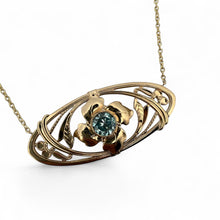 Vintage Edwardian Era Blue Zircon Brooch Conversion Necklace 14K Yellow Gold