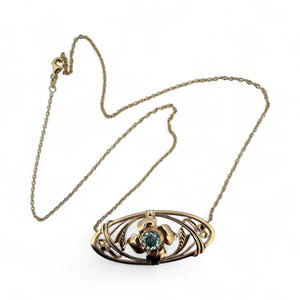 Vintage Edwardian Era Blue Zircon Brooch Conversion Necklace 14K Yellow Gold