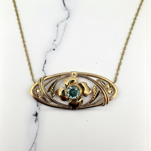 Vintage Edwardian Era Blue Zircon Brooch Conversion Necklace 14K Yellow Gold