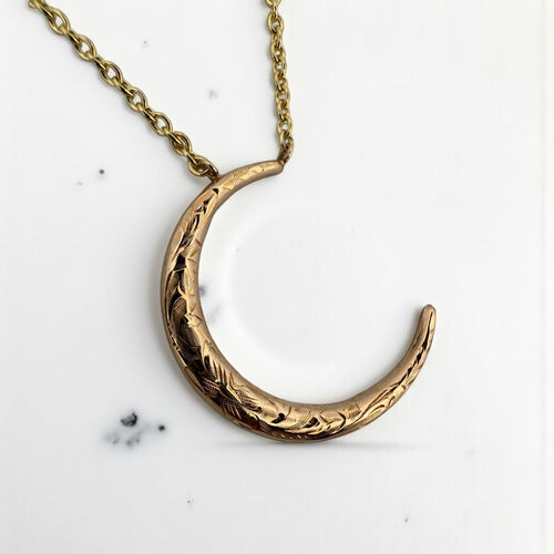Vintage Engraved Crescent Moon Brooch Conversion Necklace
