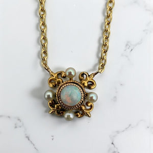 Vintage Dainty Opal & Pearl Pendant & Chain Necklace