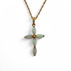 Vintage Opal Cross Pendant & Chain Necklace 14K Rose Gold