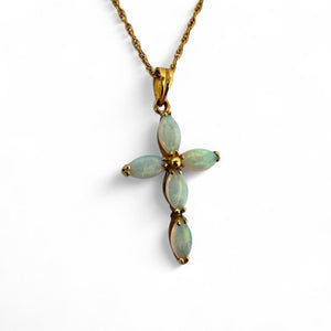 Vintage Opal Cross Pendant & Chain Necklace 14K Rose Gold