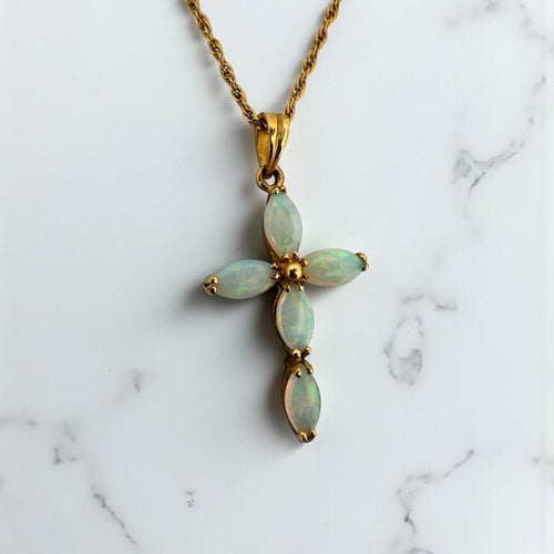 Vintage Opal Cross Pendant & Chain Necklace 14K Rose Gold