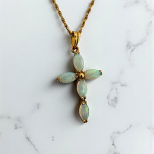 Vintage Opal Cross Pendant & Chain Necklace 14K Rose Gold