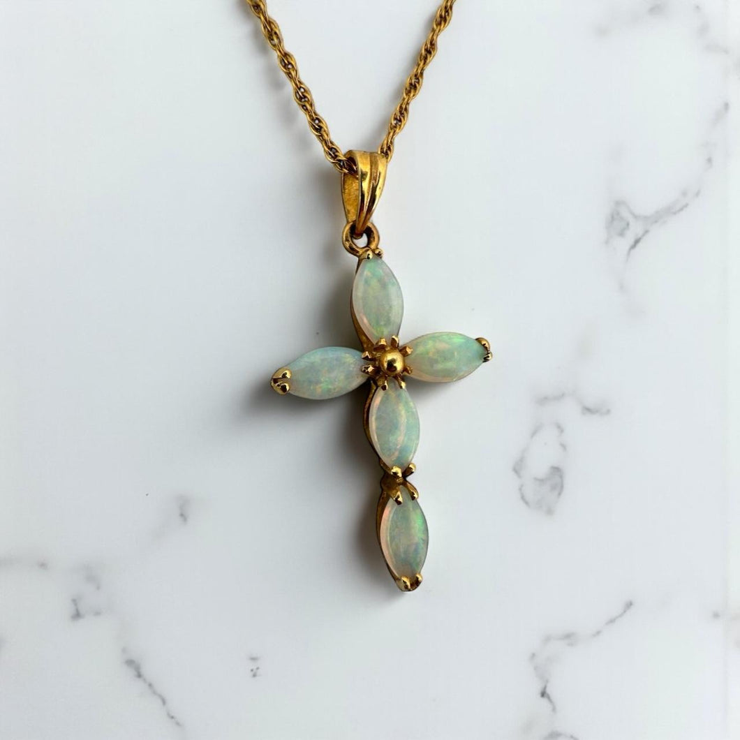 Vintage Opal Cross Pendant & Chain Necklace 14K Rose Gold