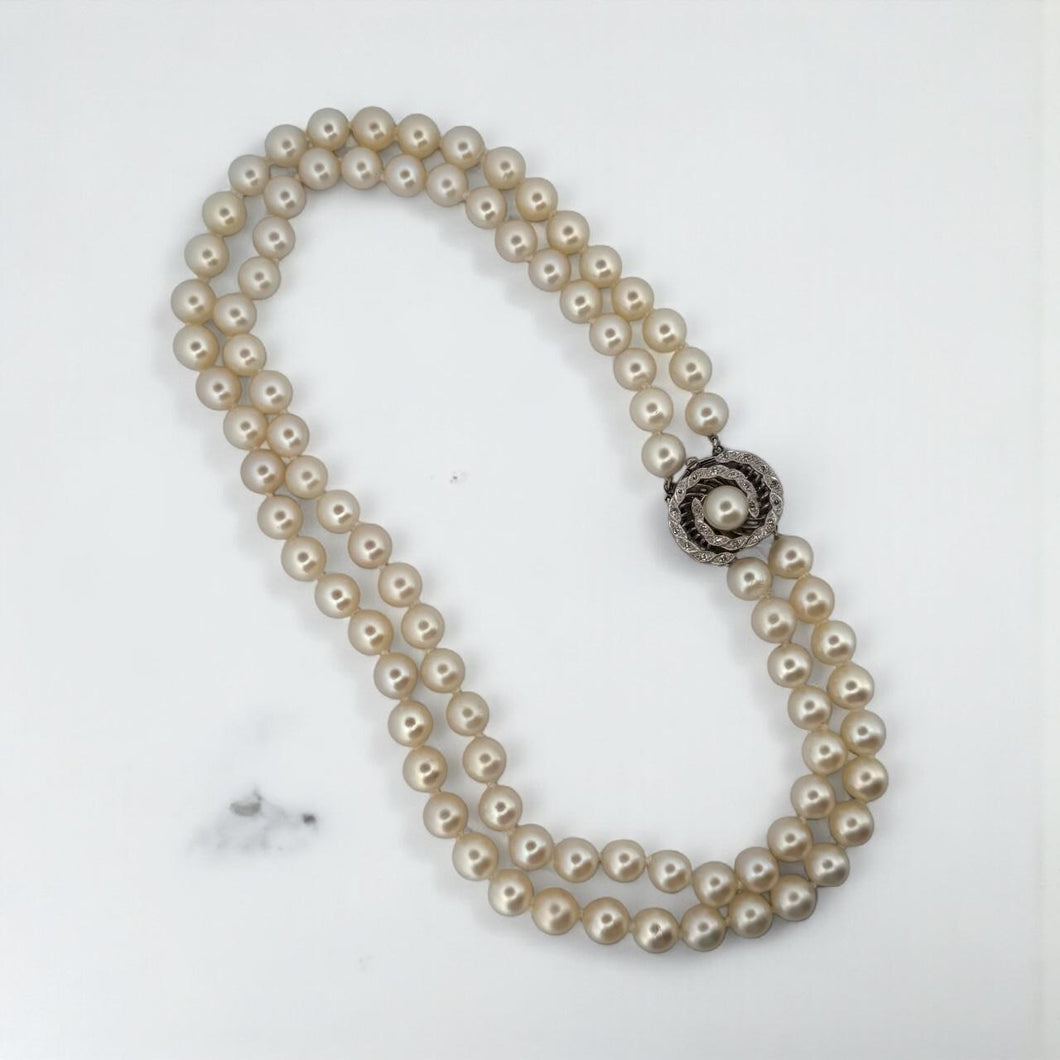 Vintage Double Strand Pearl Necklace White Gold Diamond Clasp
