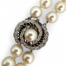Vintage Double Strand Pearl Necklace White Gold Diamond Clasp