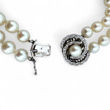 Vintage Double Strand Pearl Necklace White Gold Diamond Clasp