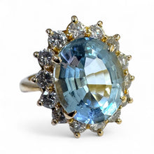 Vintage 3 Carat Aquamarine & Diamond Halo Ring 18K Yellow Gold