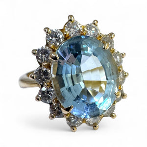 Vintage 3 Carat Aquamarine & Diamond Halo Ring 18K Yellow Gold