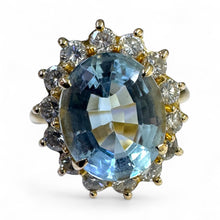 Vintage 3 Carat Aquamarine & Diamond Halo Ring 18K Yellow Gold