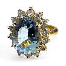 Vintage 3 Carat Aquamarine & Diamond Halo Ring 18K Yellow Gold