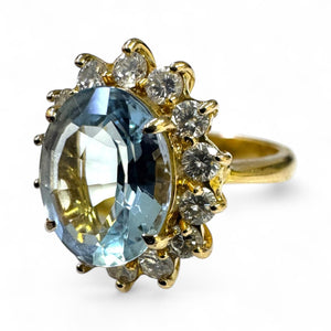 Vintage 3 Carat Aquamarine & Diamond Halo Ring 18K Yellow Gold