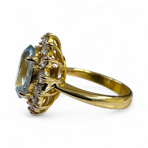 Vintage 3 Carat Aquamarine & Diamond Halo Ring 18K Yellow Gold