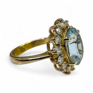 Vintage 3 Carat Aquamarine & Diamond Halo Ring 18K Yellow Gold