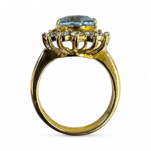 Vintage 3 Carat Aquamarine & Diamond Halo Ring 18K Yellow Gold