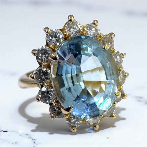 Vintage 3 Carat Aquamarine & Diamond Halo Ring 18K Yellow Gold