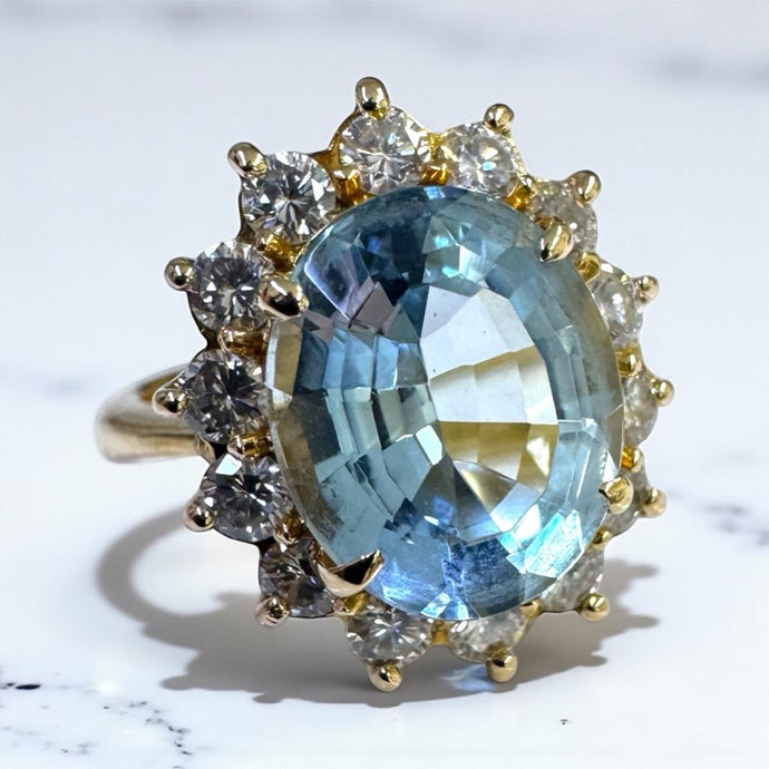 Vintage 3 Carat Aquamarine & Diamond Halo Ring 18K Yellow Gold