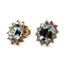 Vintage 3.5 Carat Aquamarine & Diamond Halo Earrings 18K Yellow Gold