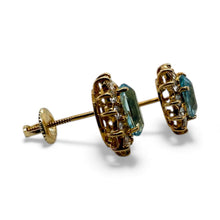 Vintage 3.5 Carat Aquamarine & Diamond Halo Earrings 18K Yellow Gold