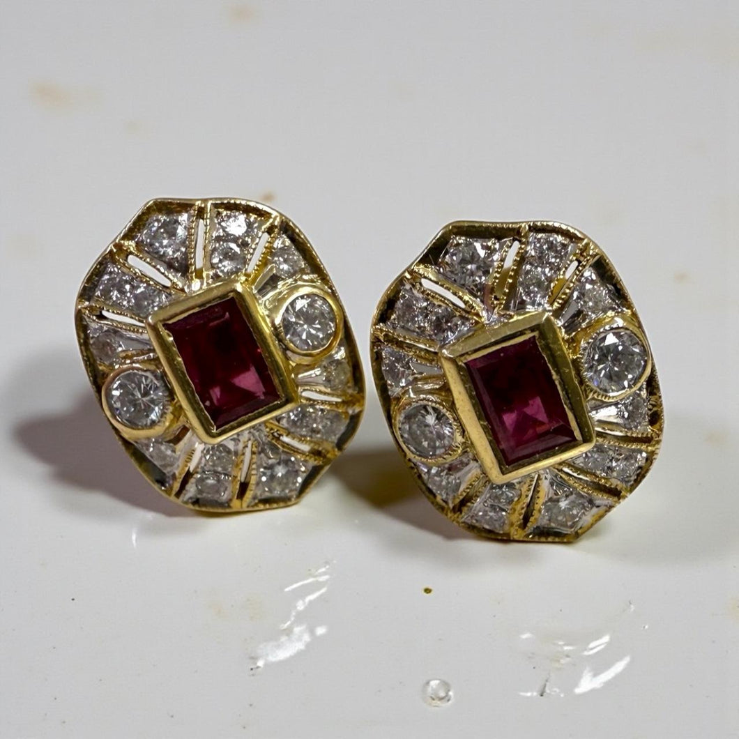 Vintage Styled Ruby & Diamond Stud Earrings