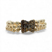 Vintage Triple Strand Pearl Bracelet Diamond Clasp 14K Yellow Gold