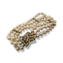 Vintage Triple Strand Pearl Bracelet Diamond Clasp 14K Yellow Gold