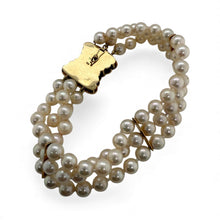 Vintage Triple Strand Pearl Bracelet Diamond Clasp 14K Yellow Gold