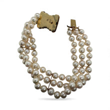 Vintage Triple Strand Pearl Bracelet Diamond Clasp 14K Yellow Gold