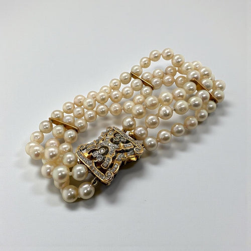 Vintage Triple Strand Pearl Bracelet Diamond Clasp 14K Yellow Gold