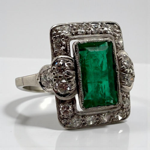 Vintage Emerald & Diamond Platinum Cocktail Ring GIA