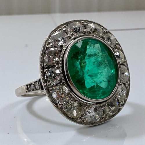 Vintage Colombian Emerald & Old Mine Cut Diamond Cocktail Ring GIA