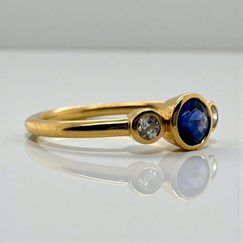 Dainty Sapphire & Diamond Three Stone Ring 18K Yellow Gold