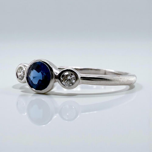 Dainty Sapphire & Diamond Three Stone Ring 18K White Gold