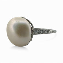 Vintage Pearl & Diamond Solitaire Platinum Ring GIA