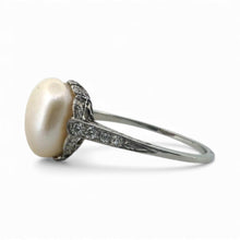 Vintage Pearl & Diamond Solitaire Platinum Ring GIA
