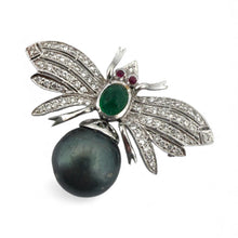 Vintage Black Pearl Emerald Diamond & Ruby Bee Brooch