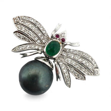 Vintage Black Pearl Emerald Diamond & Ruby Bee Brooch