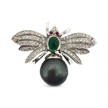 Vintage Black Pearl Emerald Diamond & Ruby Bee Brooch