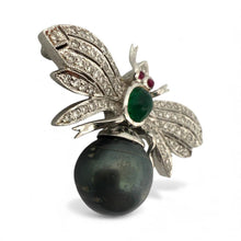 Vintage Black Pearl Emerald Diamond & Ruby Bee Brooch