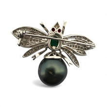 Vintage Black Pearl Emerald Diamond & Ruby Bee Brooch
